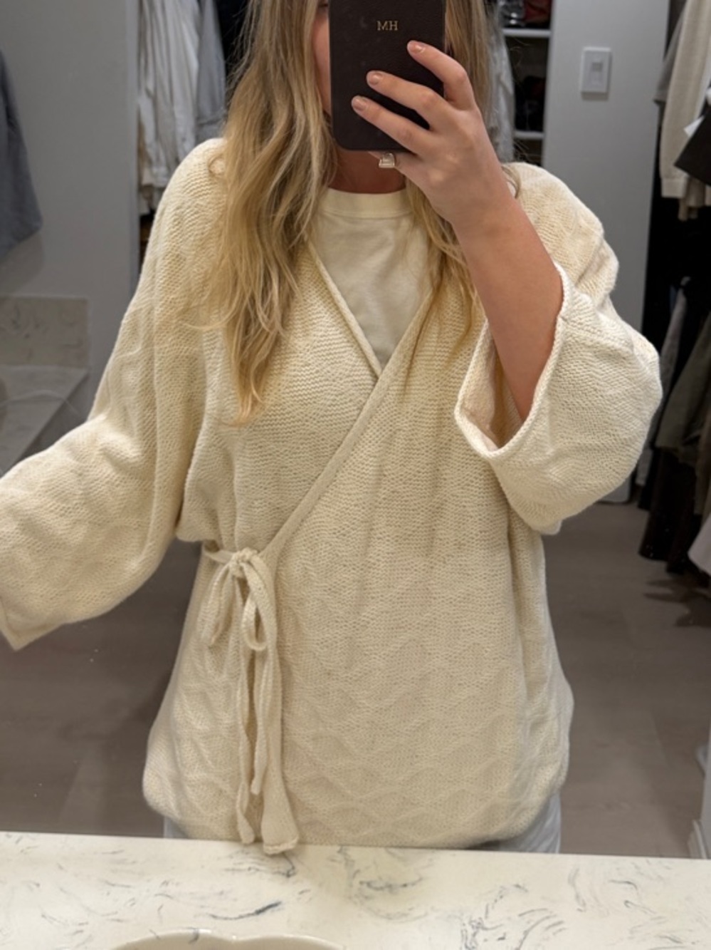 Women's Cream Knit Wrap Robe with Tie Waist